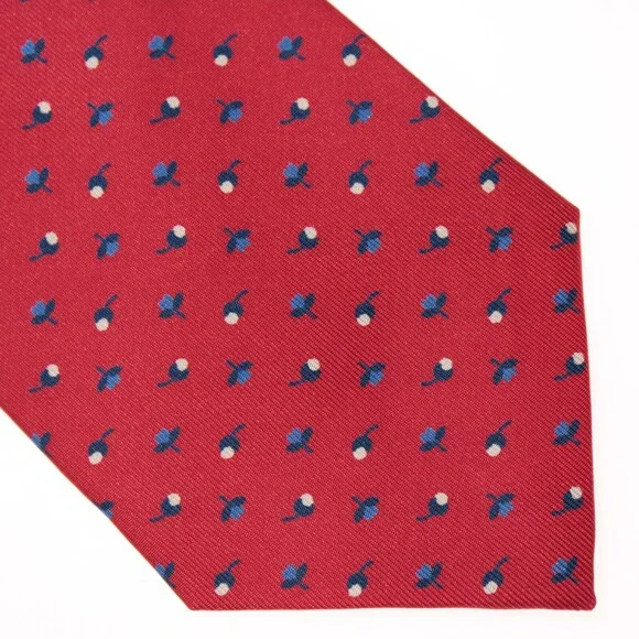 Drake's NWT Neck Tie in Red with Blue / White Mini Floral Pattern 100% Silk